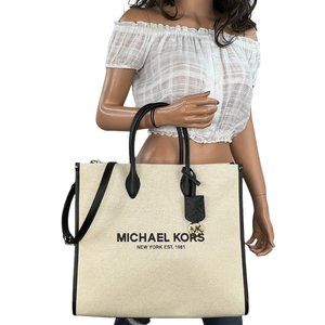 Michael Kors Mirella Large NS Tote Satchel Shoulder Bag Canvas Natural Black